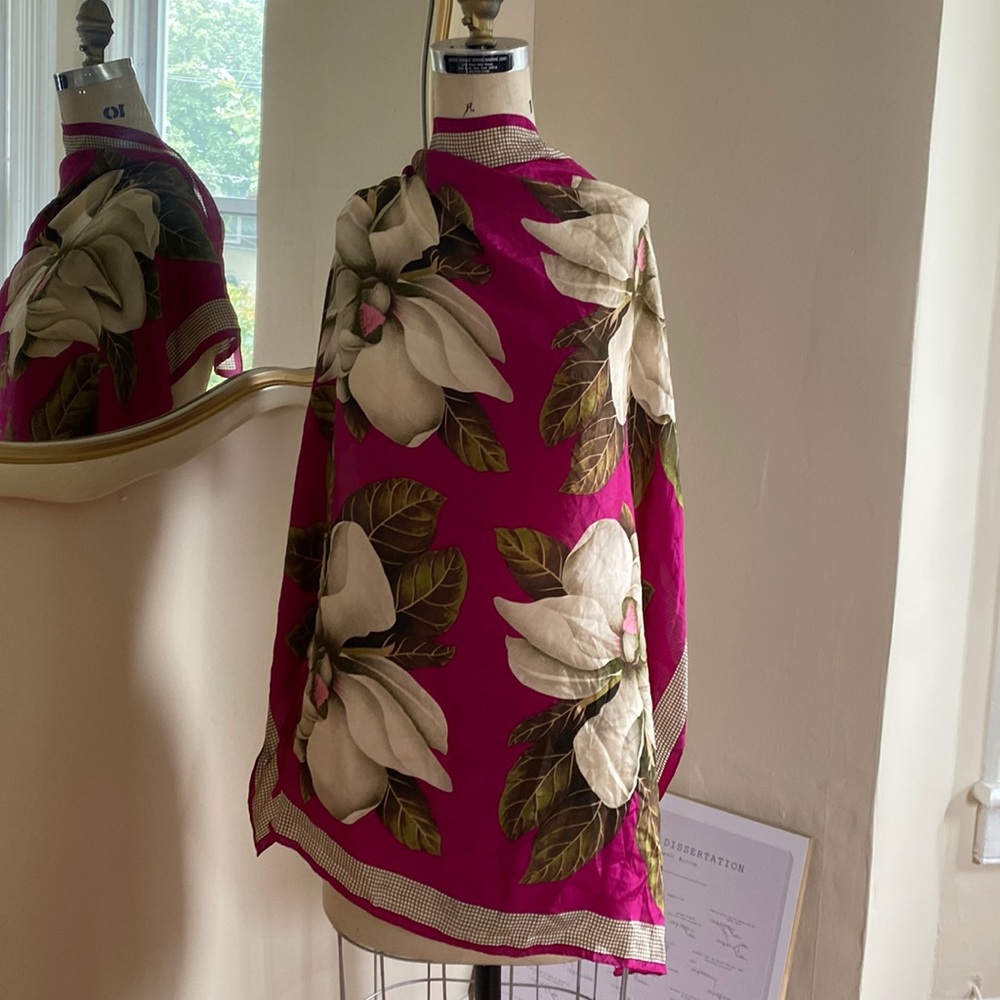 Vintage silk floral scarf shawl grid print made in Japan
